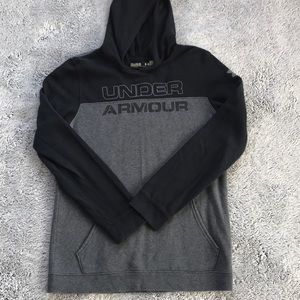 UA cotton hoodie. Grey body; black sleeves & hood.